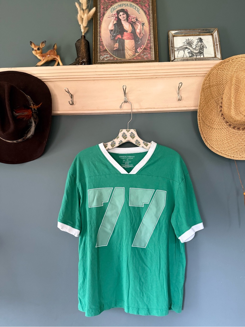 Grayson Threads Green V-Neck Jersey Tee with White Trim and 77 Graphic